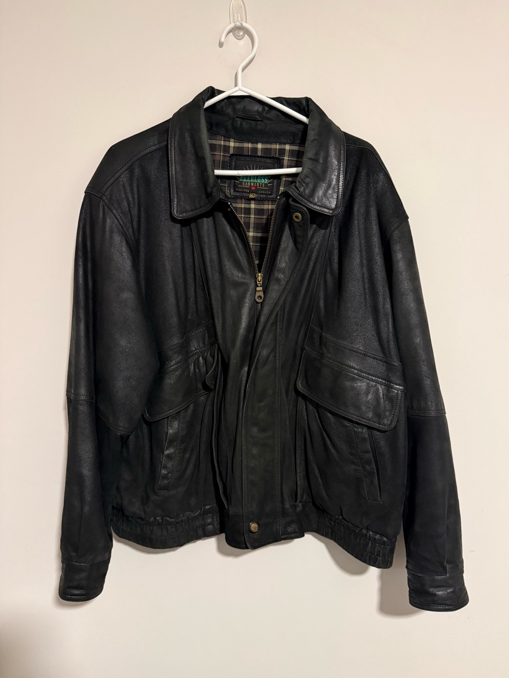 Vintage Peerless Garments Black Leather Bomber Jacket Made in Canada XL